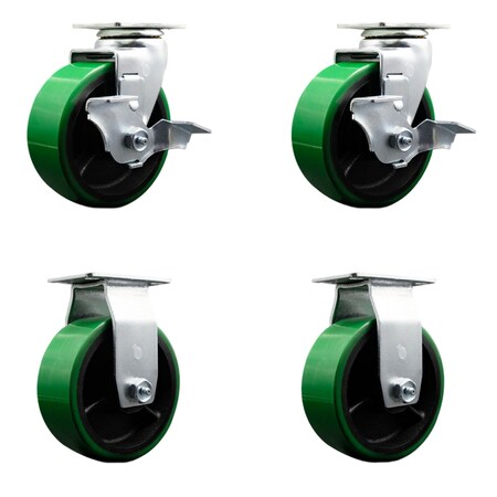 Service Caster 5 Inch Green Poly on Cast Iron Caster Set with Ball Bearings 2 Brakes 2 Rigid SCC-20S520-PUB-GB-TLB-2-R-2